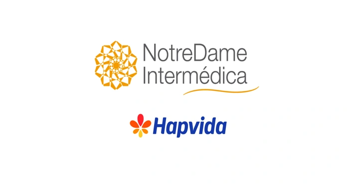 Logomarcas da NotreDame Intermédica e Hapvida. Falando sobre qual o melhor plano de saúde do brasil.