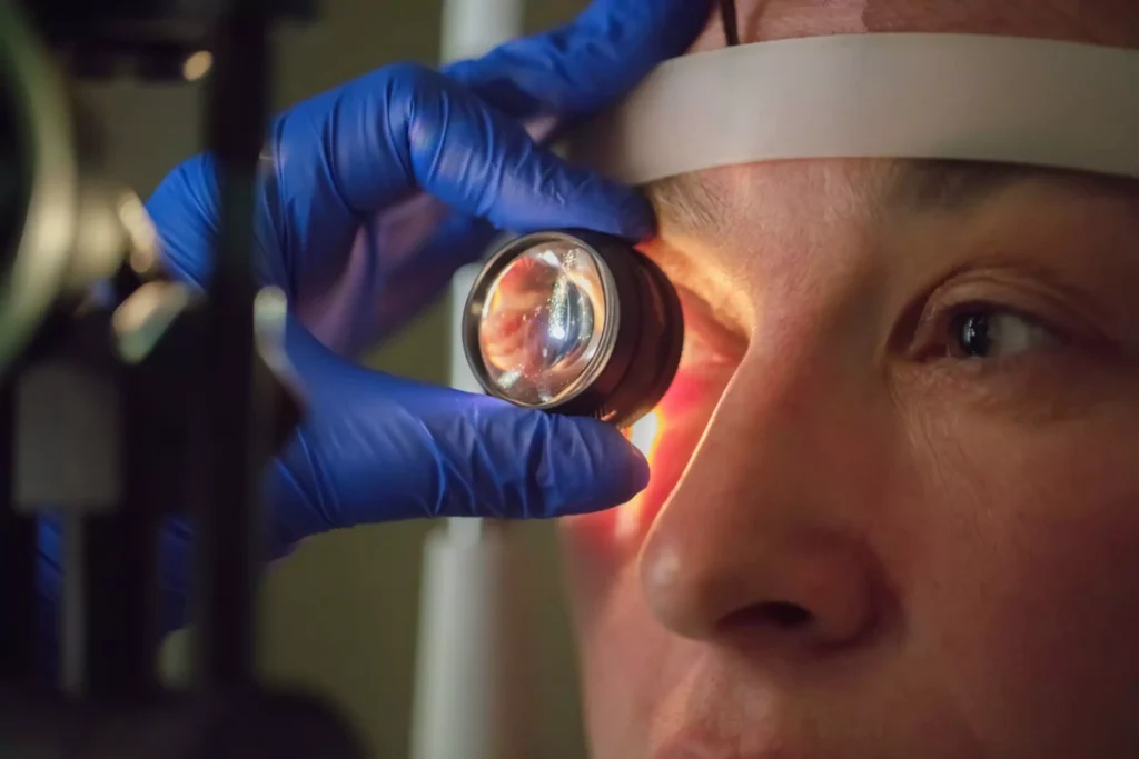 Oftalmologista posiciona equipamento diante dos olhos de paciente. Explicando se plano de saúde cobre cirurgia de catarata a laser.