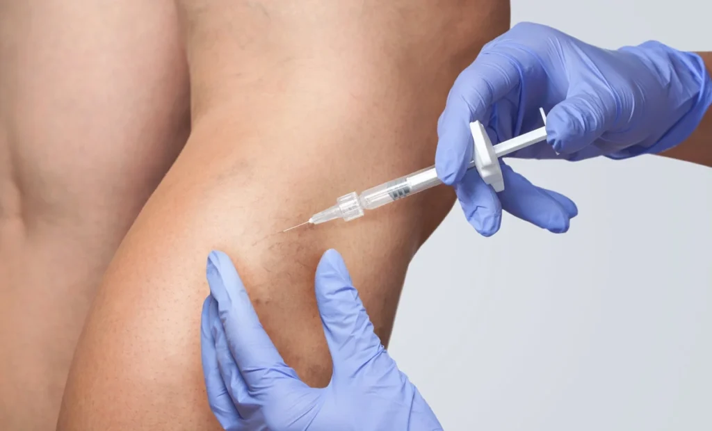 Profissional aplica injeção em varize de paciente. Falando sobre plano de saúde cobre cirurgia de varizes a laser.