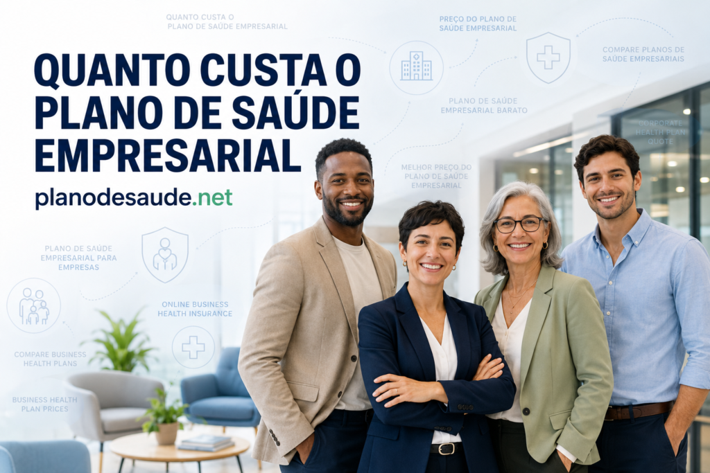Plano de saúde empresarial barato para pequenas empresas, com profissionais em escritório moderno, representando melhor preço, comparação de operadoras e proteção para funcionários — affordable business health insurance, small business health plans and employee health coverage.